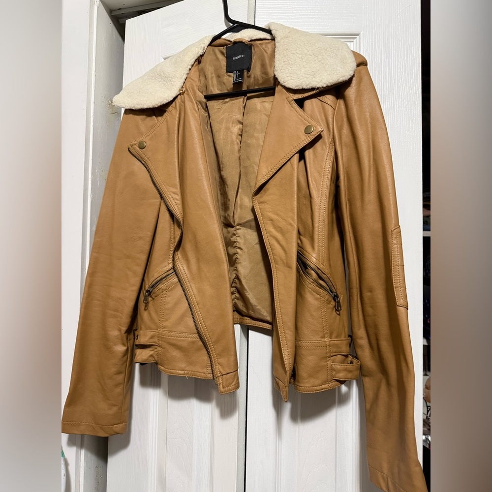 Forever 21 Tan Leather Jacket with Cream Accents